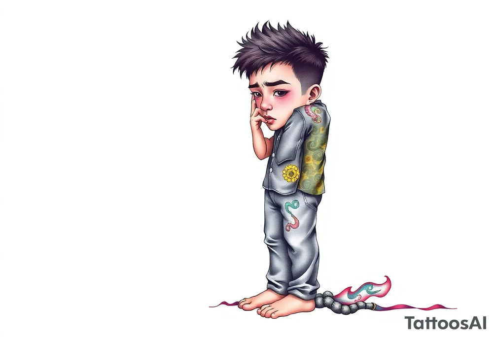 Handsome Asian young guy is standing on his knees sorry tattoo idea