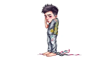 Handsome Asian young guy is standing on his knees sorry tattoo idea