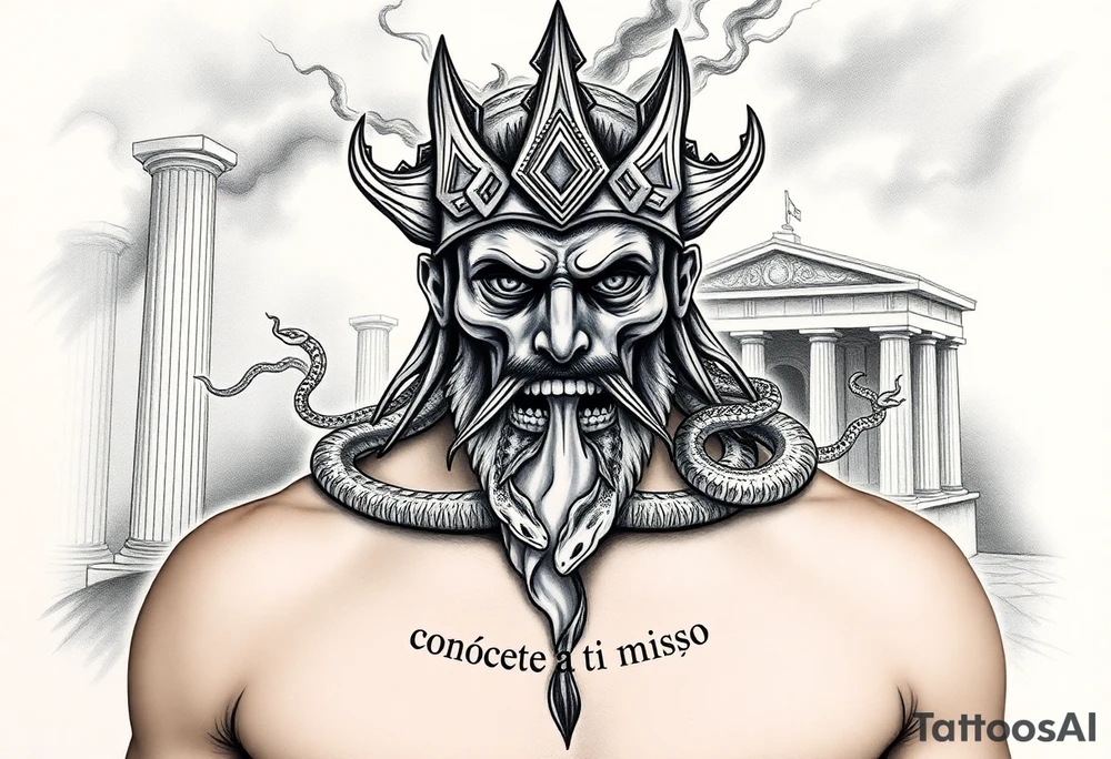 Oráculo de Delfos
Rostro andrógino cubierto con una venda, de la boca salen humo y serpientes.

Fondo con columnas quebradas y un templo al fondo, envuelto en sombras.

Puedes incorporar palabras en griego antiguo como "Γνῶθι σεαυτόν" (“conócete a ti mismo”). tattoo idea