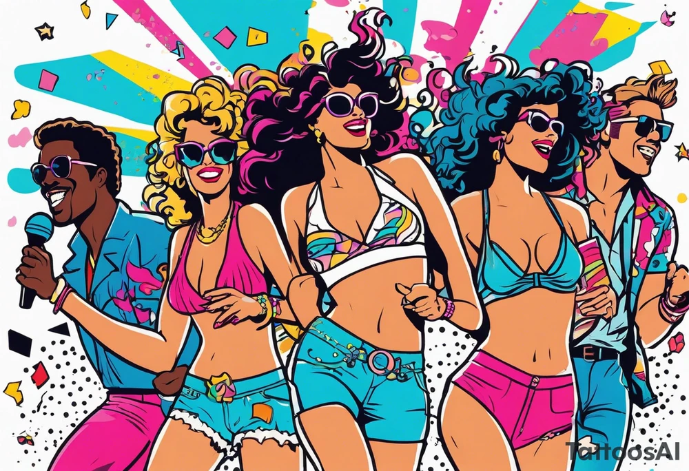 1980's miami vice style beach dance 
party, include confetti, music notes, boom box, bikinis tattoo idea