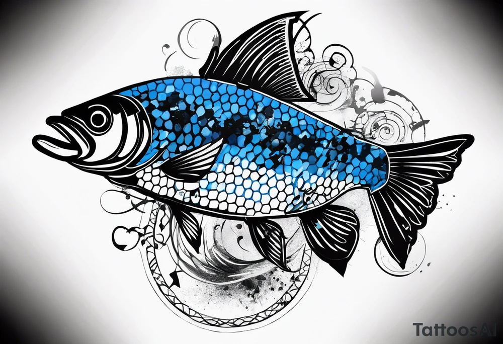 Trash polka blue and black fly fishing theme rib piece. A small about of hexagon pattern. tattoo idea