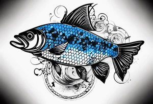 Trash polka blue and black fly fishing theme rib piece. A small about of hexagon pattern. tattoo idea