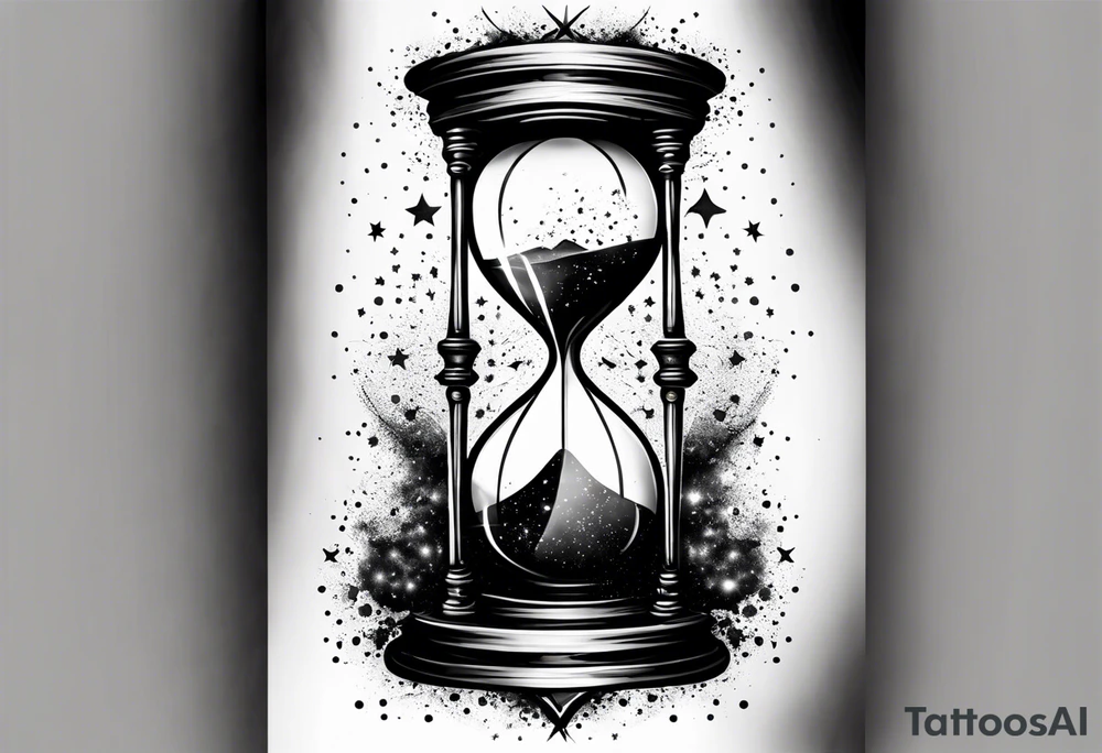 Hourglass with star stuff and cosmic dust exploding from the top and bottom of the hourglass. Long tattoo to fit on the forearm tattoo idea