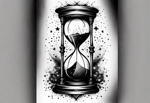 Hourglass with star stuff and cosmic dust exploding from the top and bottom of the hourglass. Long tattoo to fit on the forearm tattoo idea
