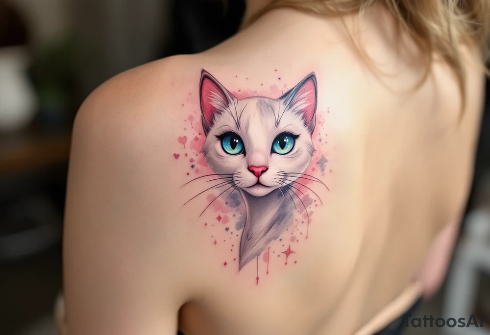 A dainty tattoo of the white cat Marie from The Aristocats in soft shades of pink and gray. tattoo idea