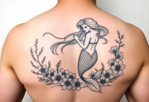 ethereal mermaid with flowing hair among coral and sea flowers tattoo idea