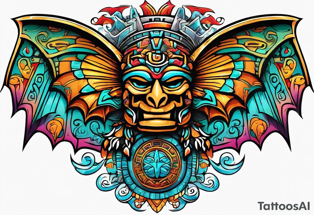 Colorful Mayan hieroglyph with bats and water tattoo idea