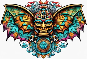 Colorful Mayan hieroglyph with bats and water tattoo idea