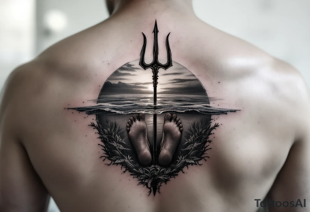 barefeet behind trident half way under water and sunset tattoo idea