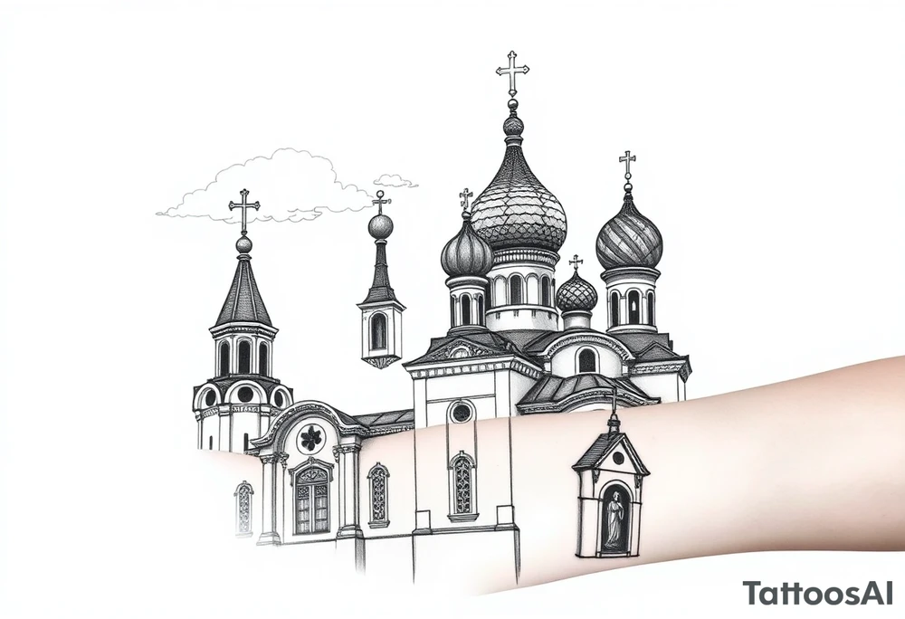 highly detailed Russian Orthodox cathedral with onion domes and orthodox crosses, done in fine line, engraving-like style. Cohesive composition, black ink only, no color, high contrast, slightly aged, documentary-style, plain light background. with clouds above it and a virgin mary over looking tattoo idea