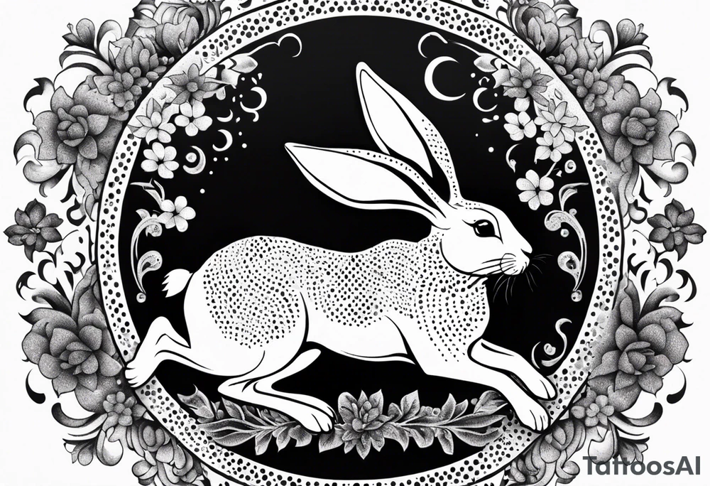 Leaping rabbit in a Victorian gothic floral frame tattoo idea