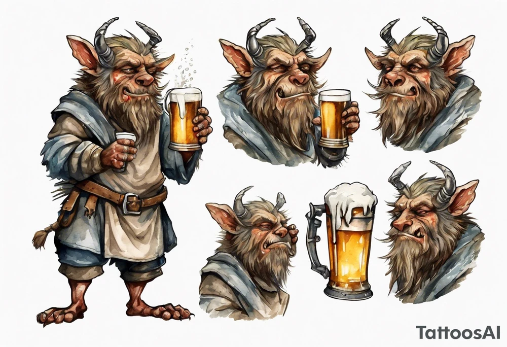a medieval Bugbear wearing a tunic and drinking from a pewter mug of beer tattoo idea