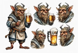 a medieval Bugbear wearing a tunic and drinking from a pewter mug of beer tattoo idea