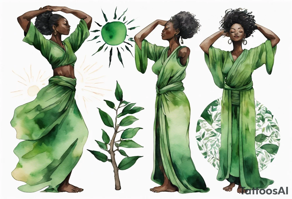 a tree that turns into a black woman reaching with her arms towards the sun, wearing a green tunic tattoo idea