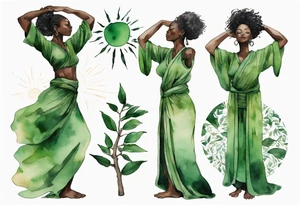 a tree that turns into a black woman reaching with her arms towards the sun, wearing a green tunic tattoo idea