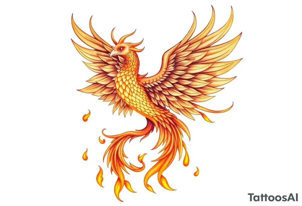 magnificent phoenix rising from golden flames with trailing embers tattoo idea