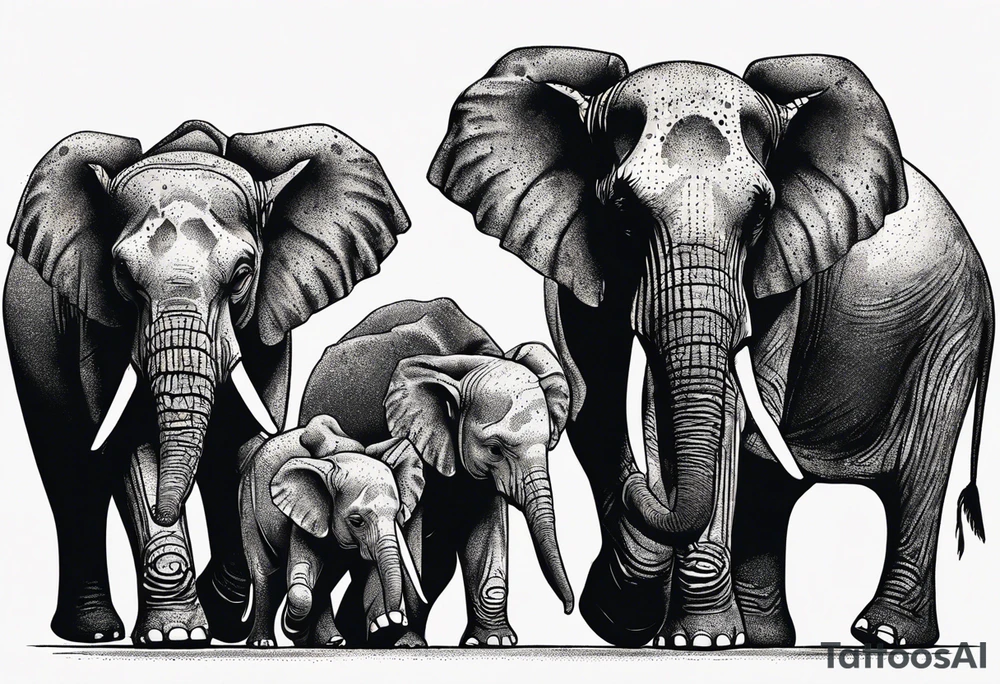 family of 6 elephants walking into sunset after one of them has died tattoo idea