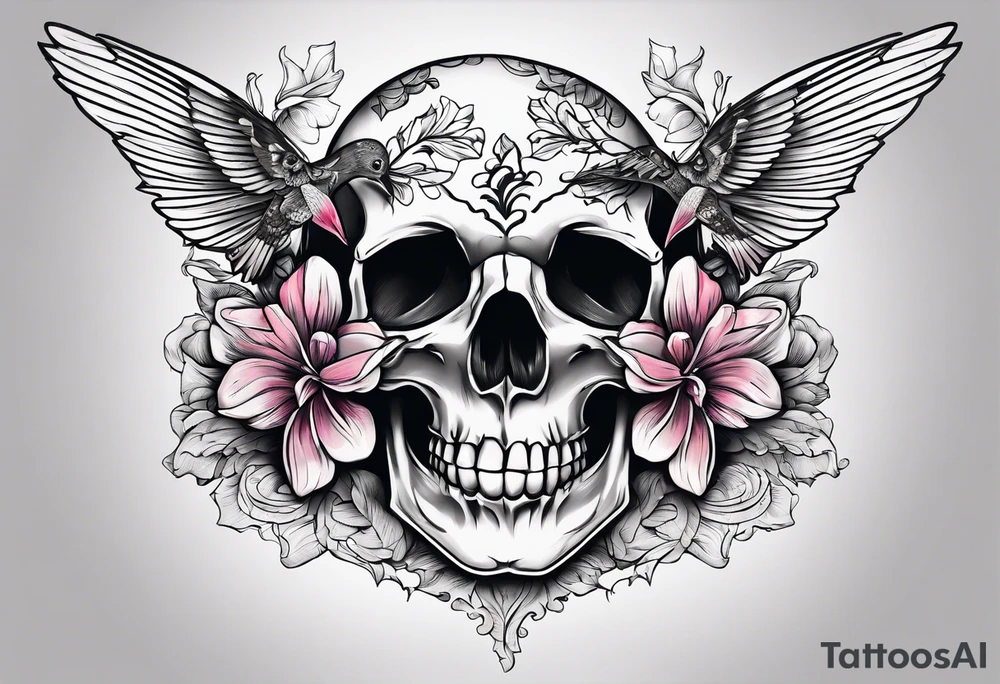 hummingbird, skull, flower, storm clouds tattoo idea