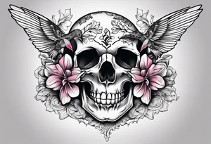 hummingbird, skull, flower, storm clouds tattoo idea