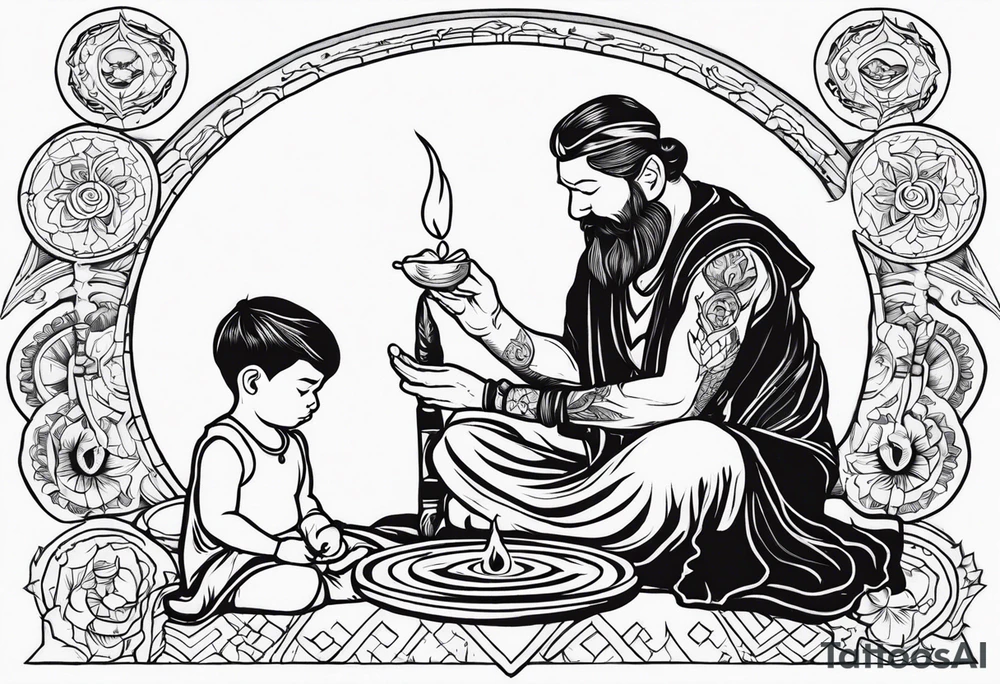 mindful savage, wise man performing transition ritual with young boys tattoo idea