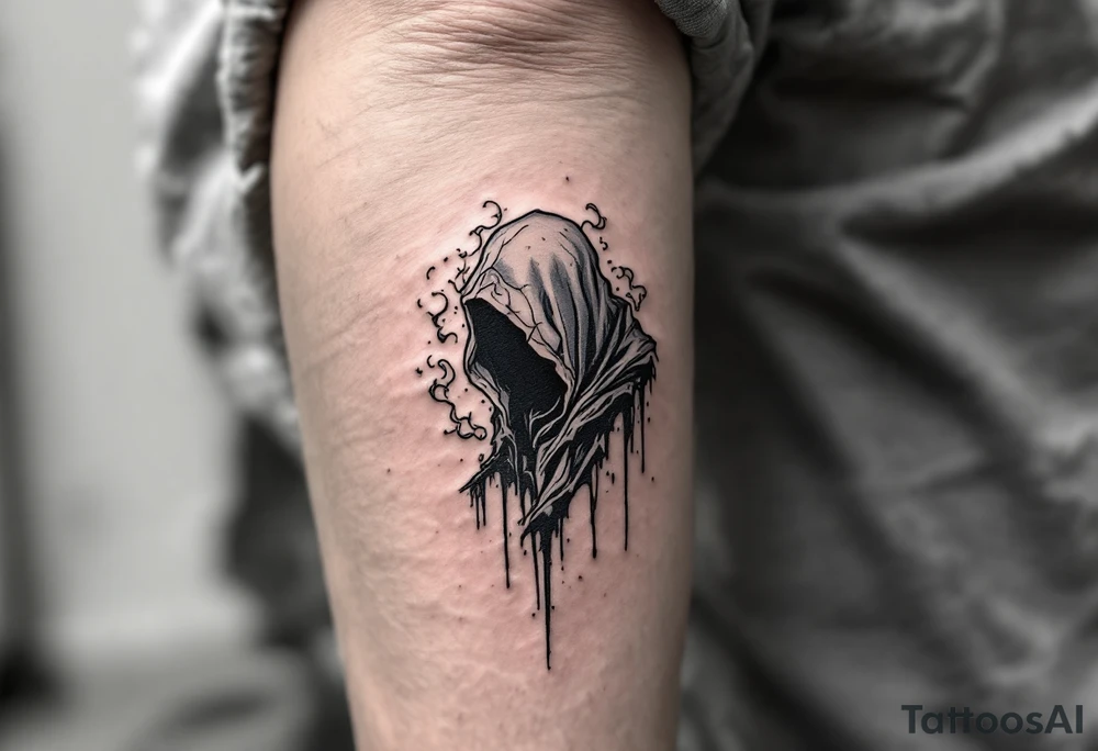 A Reaper drawn in black linework with a ghostly pale-blue scythe trailing mist. tattoo idea