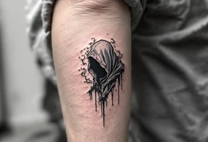 A Reaper drawn in black linework with a ghostly pale-blue scythe trailing mist. tattoo idea