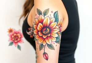 Hourglass climbing roses with sunflowers dragon eyes peeking through tattoo idea