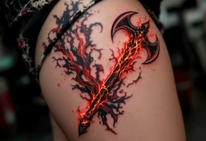 A deep red Perun’s axe glows with power, symbolizing strength and masculine energy. tattoo idea