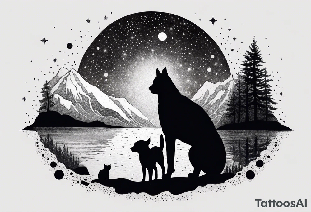 a night sky with leo and cancer constellation, mountains, a father and son with his dog and cat sitting by the water tattoo idea