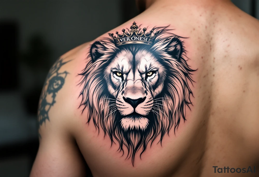 Realistic angriest lion with whole body with crown and "VERONESI" name add on it tattoo idea
