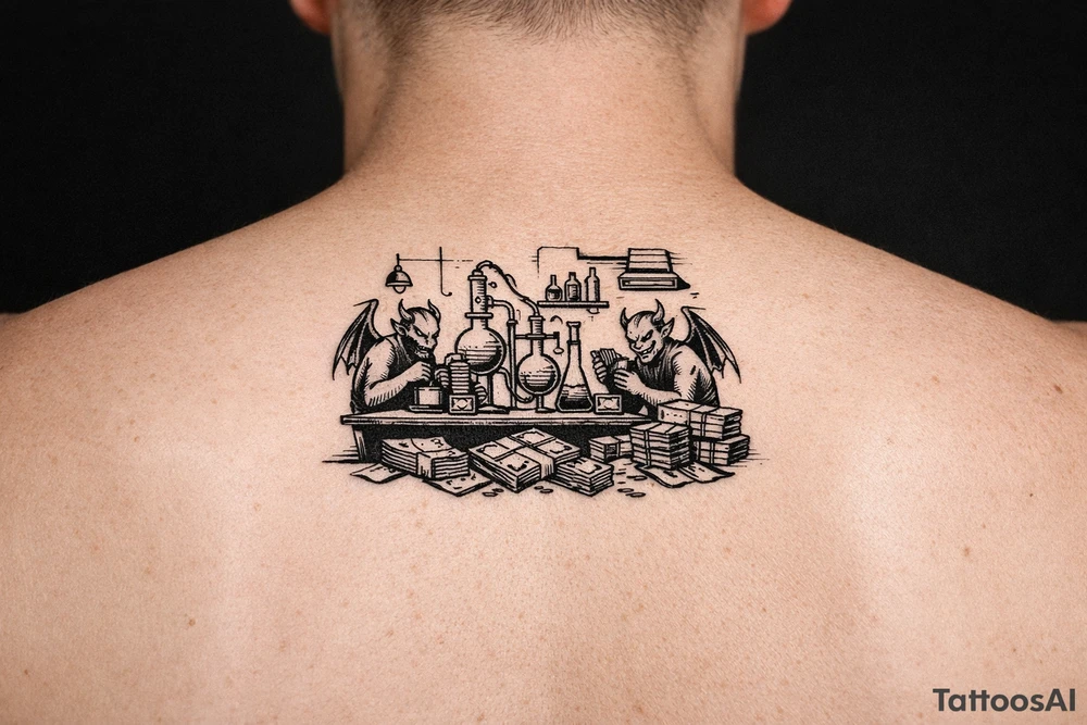 Meth lab with demons and money tattoo idea