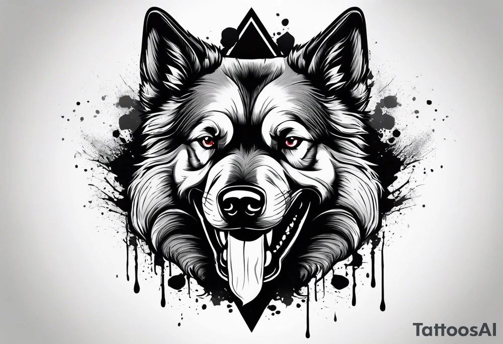 Create aggressive, vicious dog, with some blood coming out of his mouth and saliva. Make it a drawing and use the image of reference. I am going to add. I want HIM TO BE ANGRY WITH RED EYES use VICIOUS German shepherd tattoo idea