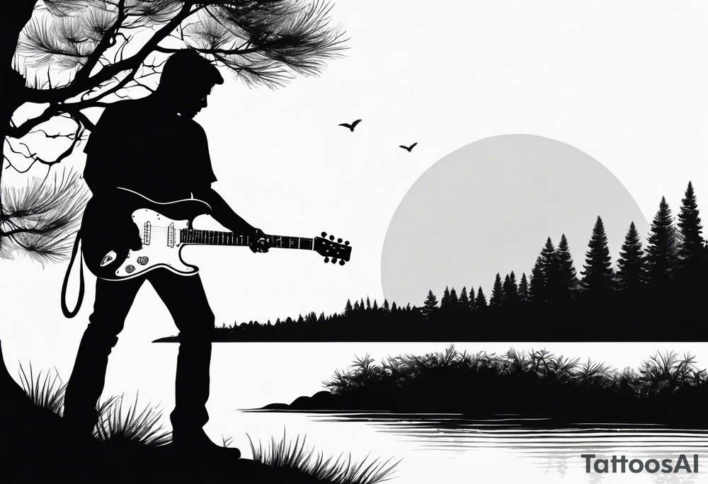 silhouette of a man standing under a pine tree playing electric guitar tattoo idea