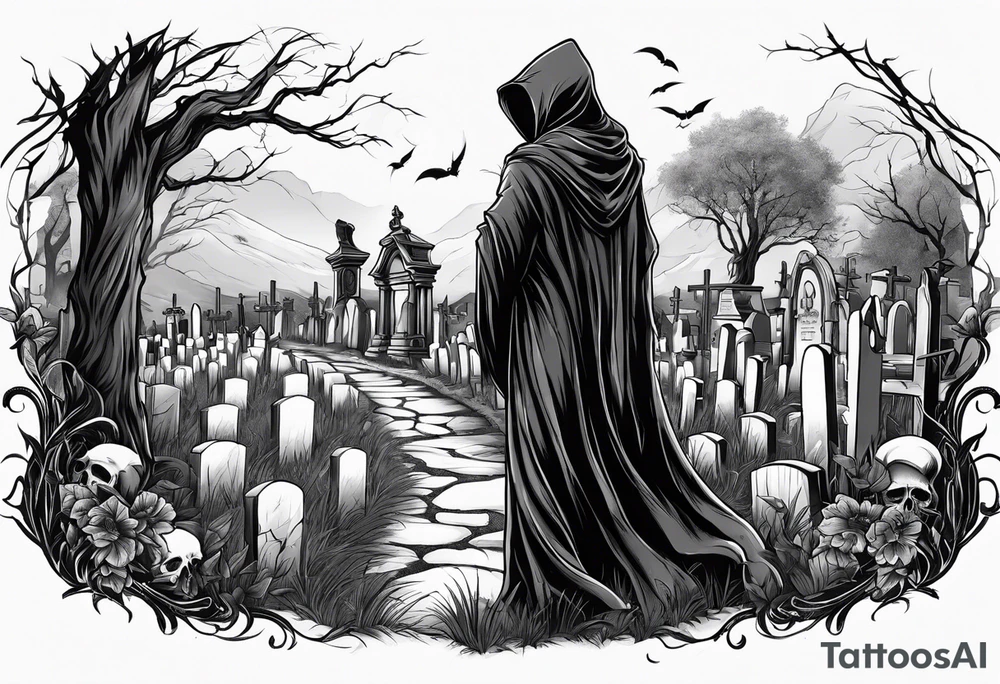 grim reaper walking cemetery tattoo idea