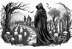 grim reaper walking cemetery tattoo idea