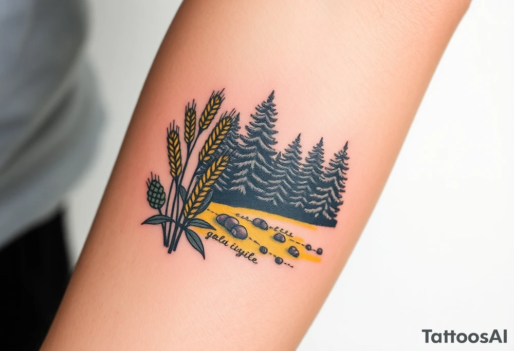 A golden wheat field, beer hop cones and coniferous forest tattoo idea