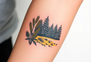 A golden wheat field, beer hop cones and coniferous forest tattoo idea