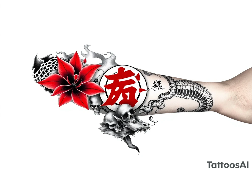 Dragon flying up on right side, tiger with skulls crawling down on left, centered kanji tattoo (red), big red spider lilies in background, smoke/cloud effects. Outer forearm sleeve tattoo idea