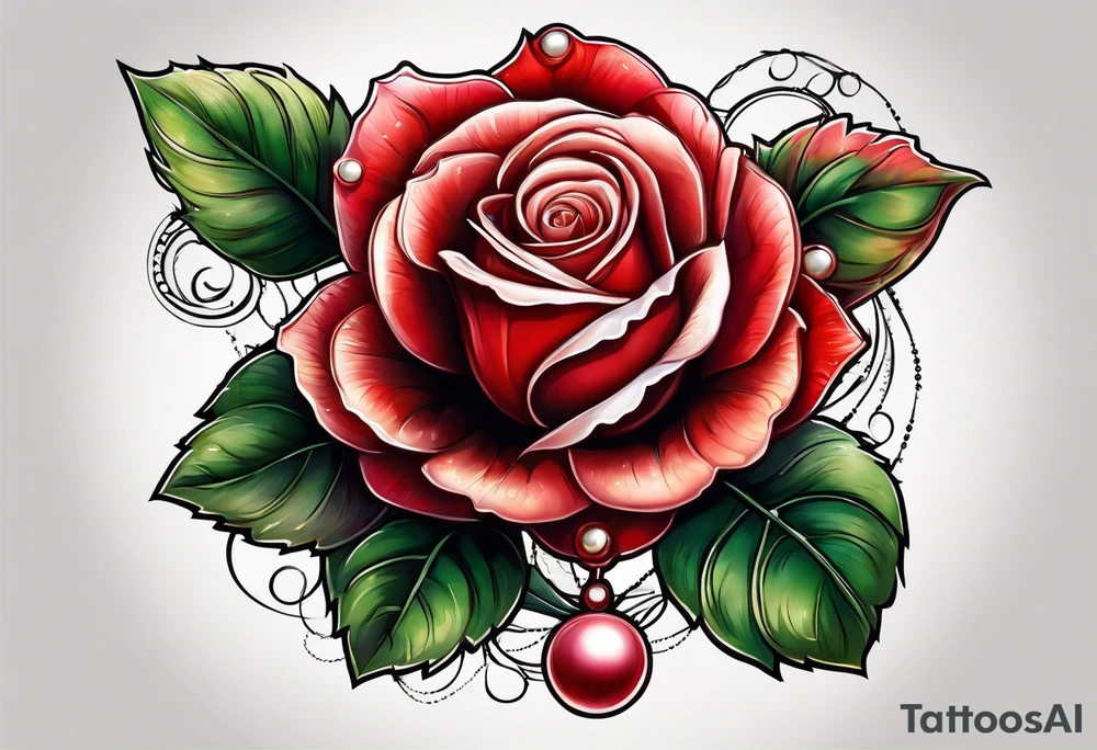 Red rose with a pearl necklace dangling tattoo idea