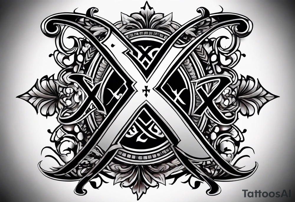 I need a tattoo design that prominently features the letters X and I while incorporating dark gothic 
elements. tattoo idea