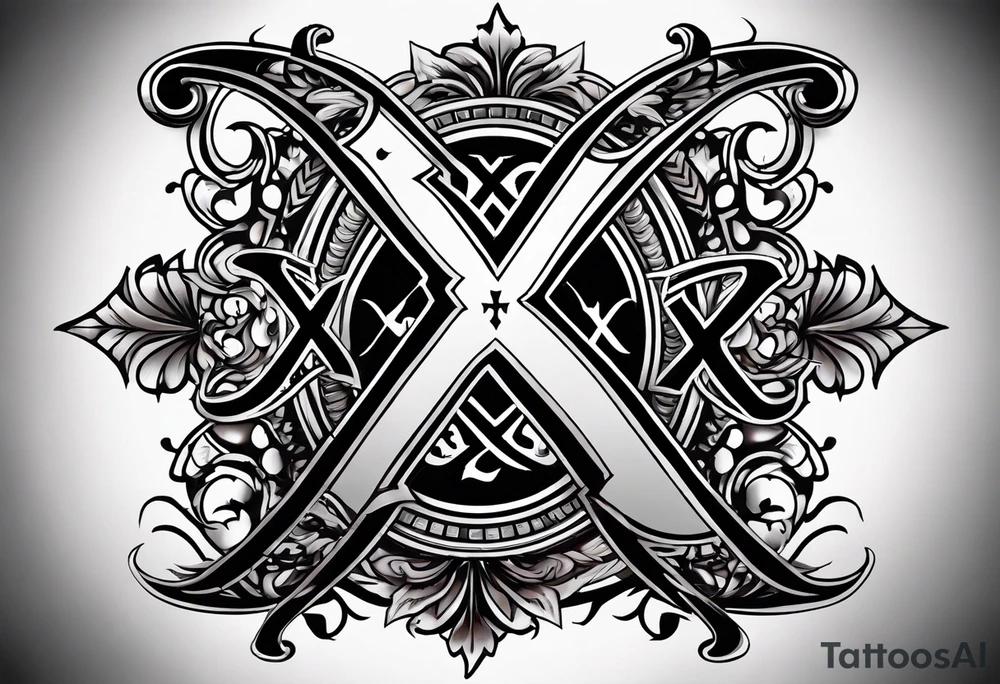 I need a tattoo design that prominently features the letters X and I while incorporating dark gothic
elements. tattoo idea