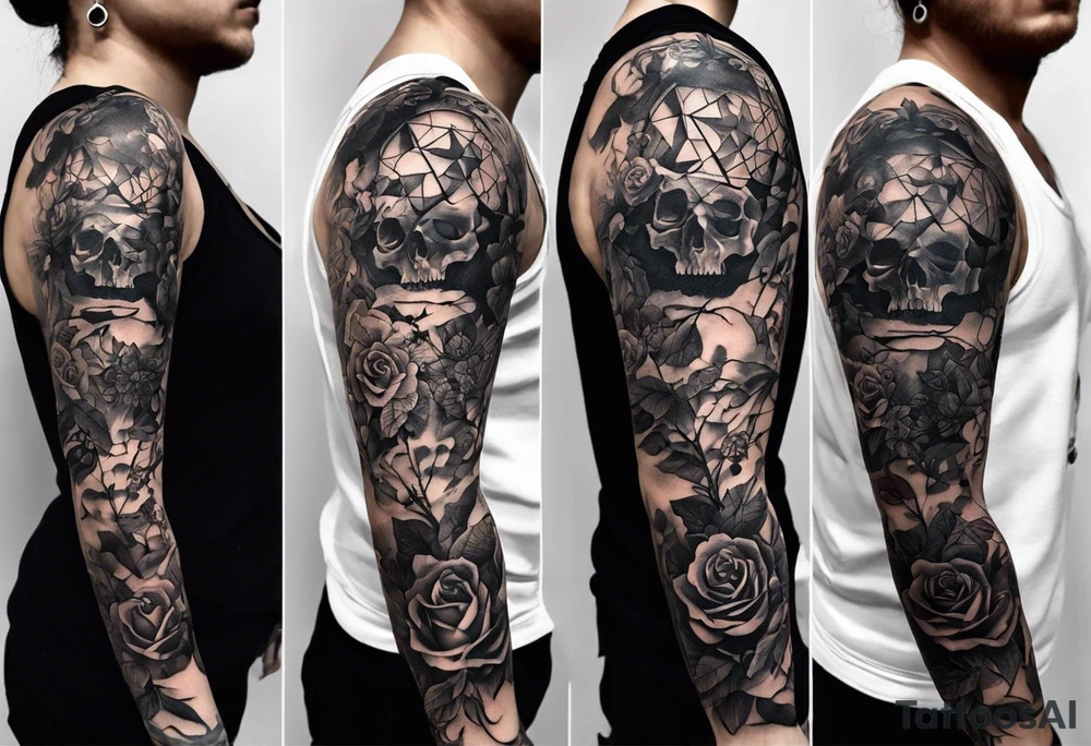 A sleeve tattoo whose elements seem to be connected into one story. Elements on the tattoo: a skull with a rose sticking out of the eye, plants, a girl’s face turning into roots, a destroyed old chain, a broken sword, a butterfly and you can add some connecting elements tattoo idea