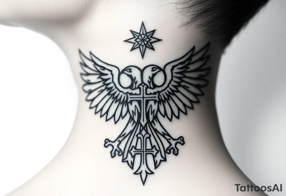 Double-headed eagle outline only (no shading) — suits neck skin which ages differently
Star above, small orthodox cross below tattoo idea