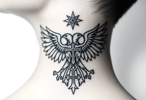 Double-headed eagle outline only (no shading) — suits neck skin which ages differently
Star above, small orthodox cross below tattoo idea