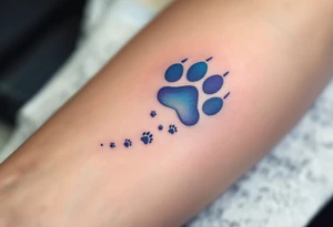 A heart-shaped paw with a subtle gradient of light blues and purples, with tiny paw prints trailing off, representing love’s constant journey and loyalty. tattoo idea