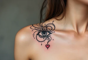 Black fine-line coordinates with a tiny red heart on the collarbone mark where your love began. tattoo idea