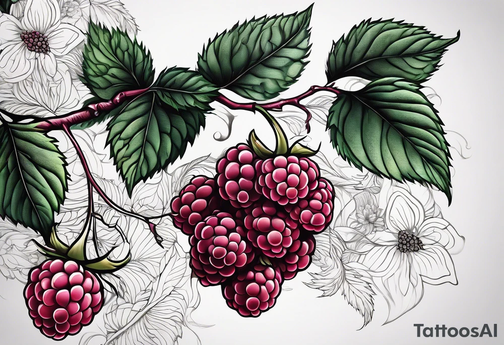 a long raspberry branch that curves to the right and focuses on line work. tattoo idea