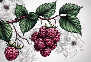 a long raspberry branch that curves to the right and focuses on line work. tattoo idea