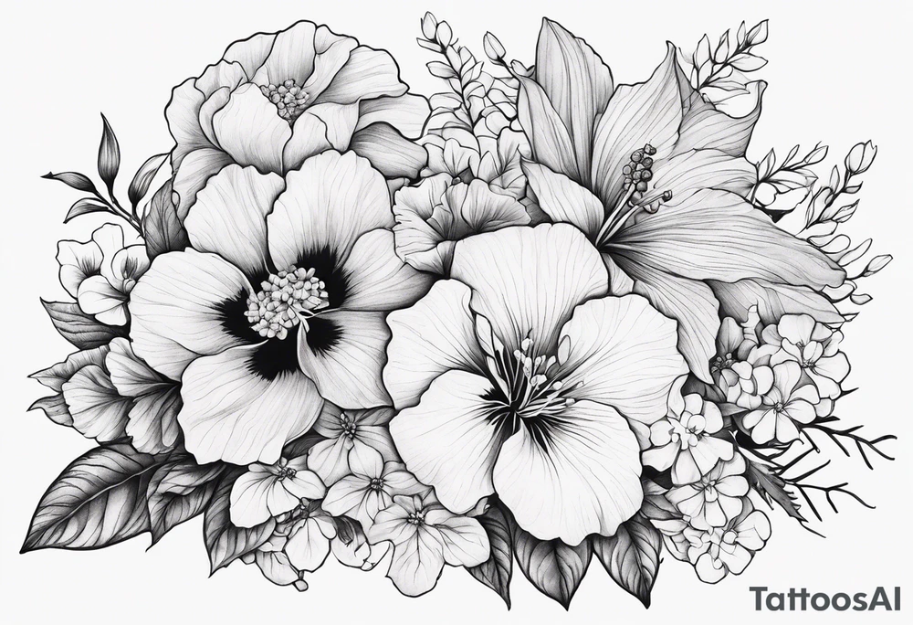Floral Bouquet with blue hydrangea, Gladiolus, Poppy, Daisy, Sweet Pea, Narcissus, Poinsettia, and Holly tattoo idea