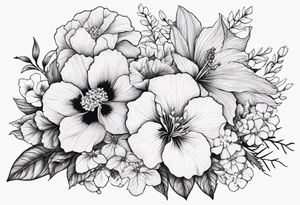 Floral Bouquet with blue hydrangea, Gladiolus, Poppy, Daisy, Sweet Pea, Narcissus, Poinsettia, and Holly tattoo idea